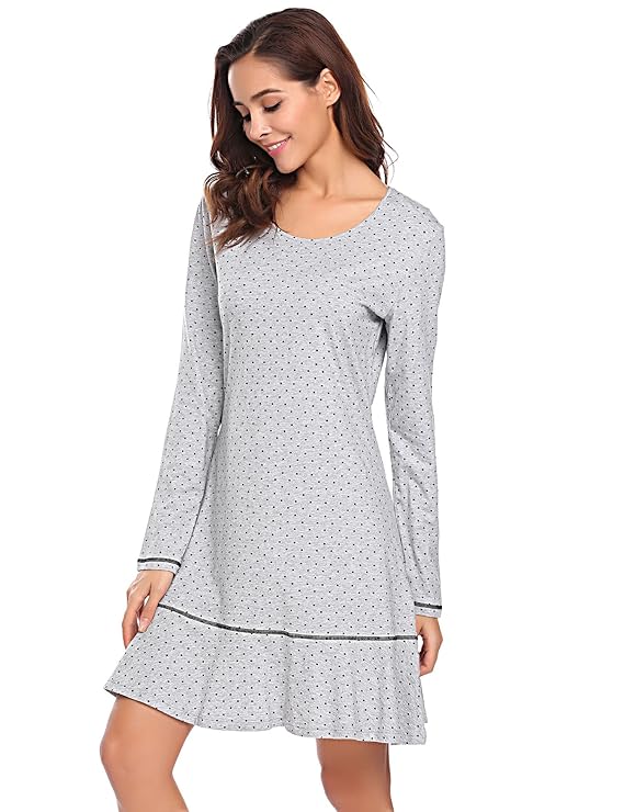 Nachthemd Damen Langarm Baumwolle Schlafanzug Lang Nachtkleider mit Punktmuster Dekoration Knielang Nachtwäsche lang