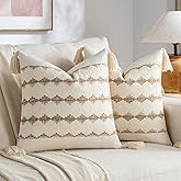 Fancy Homi Set of 2 Tan Neutral Decorative Throw Pillow Cover 18x18 Inch for Couch Bed Sofa, Aesthetic Organic Farmhouse Boho Home Decor, Soft Cotton Accent Macrame Taupe Cushion Case with Tassels