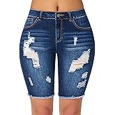 roswear Women's Bermuda Shorts Distressed High Waisted Denim Jean Shorts with Frayed Hem