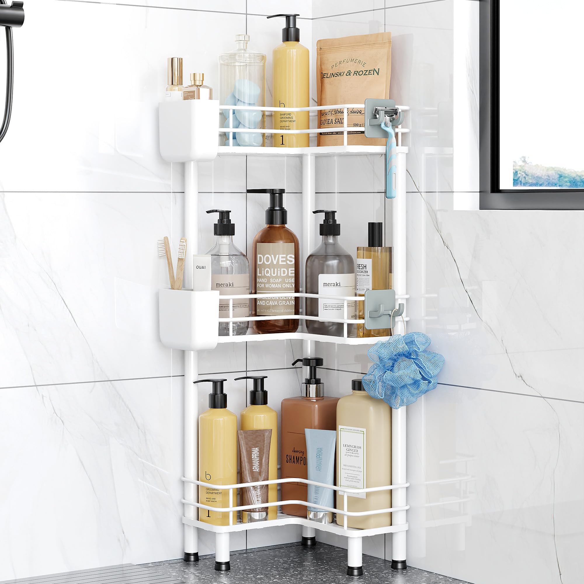 Photo 1 of Orimade Rustproof 3 Tier Floor Standing Corner Shower Caddy Organizer with Toothbrush Holder, Large Spacing Floor Shower Shelf Rack Storage Stands with Hooks for Bathroom Kitchen, White