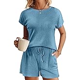 Ekouaer Pajamas Set for Women 2 Piece Pjs Ribbed Knit Lounge Set Cap Sleeve Loungewear Sleepwear S-XXL