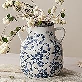 Blue and White Vintage Round Flower Vase with 2 Handles, Chinoiserie Floral Vase, Retro Ice Cracked Ceramic Large Vases for Home Decor, Living Room, Grand Millennial Chinoiserie Decor, 7.7 Inch