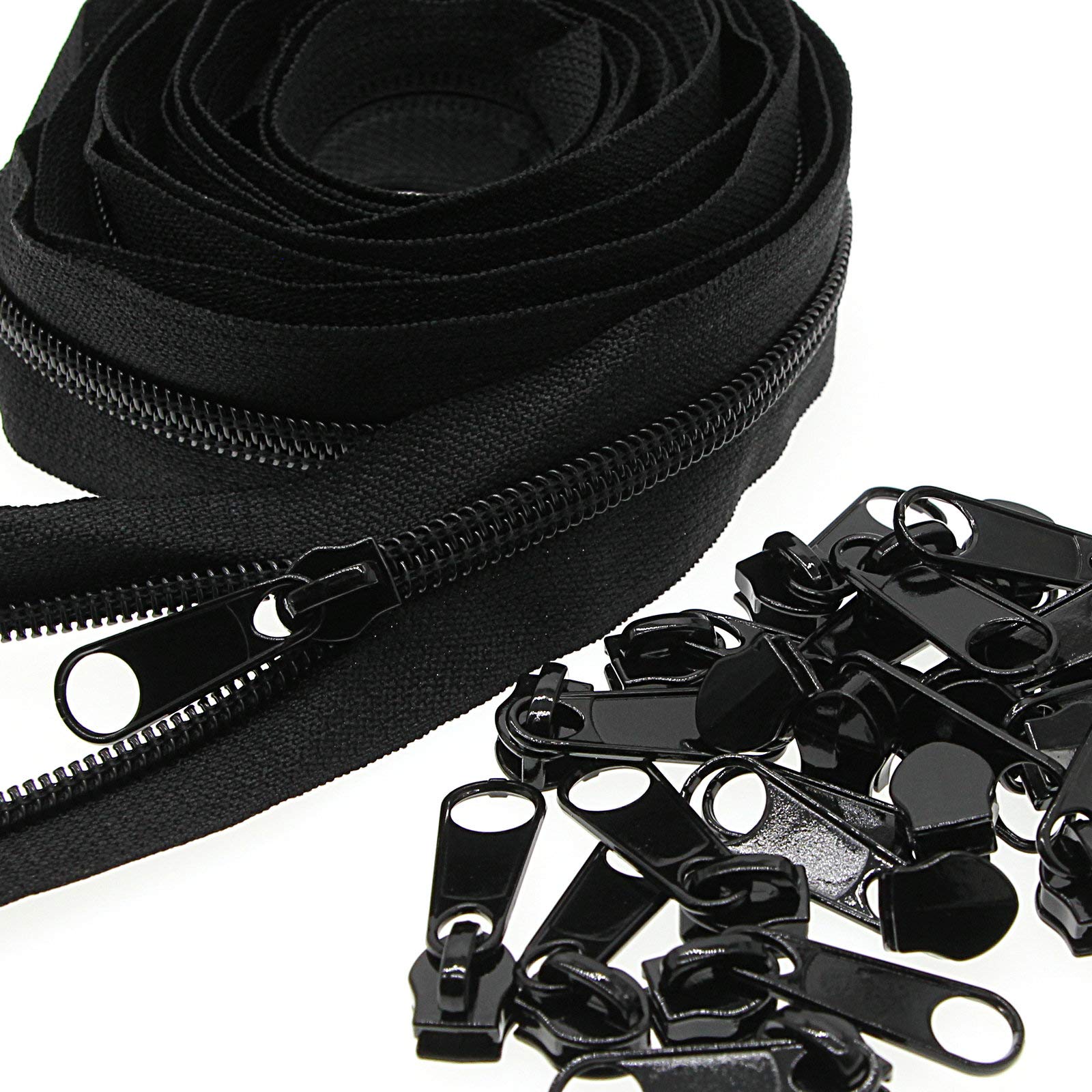 Leekayer #5 Black Nylon Coil Zippers, 10 Yards with 25 Sliders for DIY, Tailor, Sewing, Craft, Luggage, Dress, Sofa Cushion, Pillow, Bag