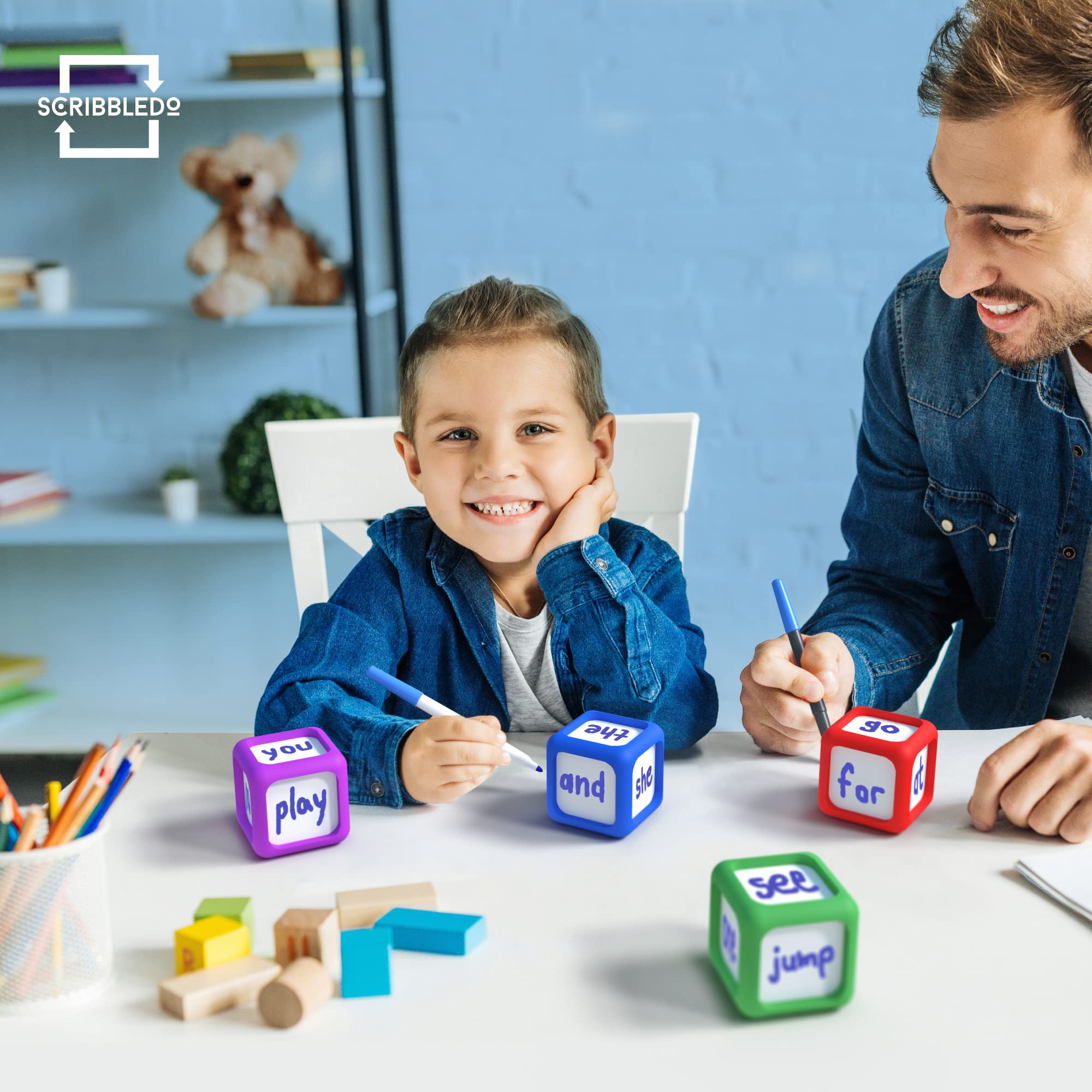Scribbledo Dry Erase Dice Set of 4-2x2 inches Multipurpose Colorful Write On Wipe Off Dry Erase Blocks Blank Pocket Dice to Draw Letters Numbers and Much More Educational Classroom Supplies for Kids