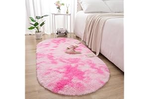Merelax Soft Shaggy Rug for Kids Bedroom, Oval 2.6'x5.3' Plush Fluffy Rugs for Living Room, Furry Carpet for Teen Girls Room, Anti-Skid Fuzzy Comfy Rug for Nursery, Cute Baby Play Mat,Tie-Dyed Pink
