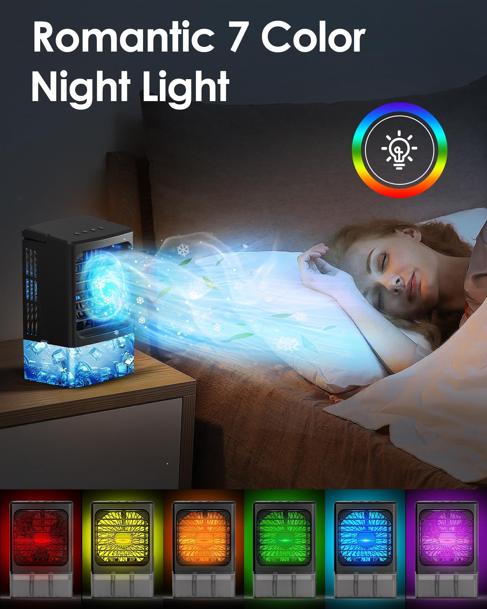 Mini Air Conditioner,Portable Air Conditioners,Evaporative Air Cooler Humidifier, 3 Speed Quiet Personal Cooling Fan, 7-Color LED Night Light, 4/8H Timer for Bedroom, Office, Camping, Car (White)