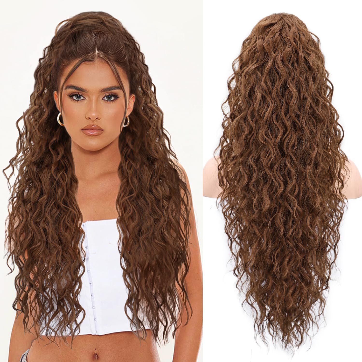 PORSMEER 30inch Long Brown Curly Wavy Drawstring Ponytail Extension Clip in Pony Hair Extension Natural Synthetic Hair Pony Tail Hairpiece for Women,Medium Brown