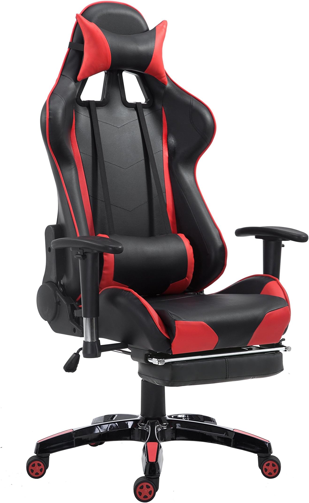 YAKOE Recliner Office Computer Sports Gaming Racing High Back Footrest Headrest Swivel Chair, Faux Leather, Black/Red, 69x70x130 cm