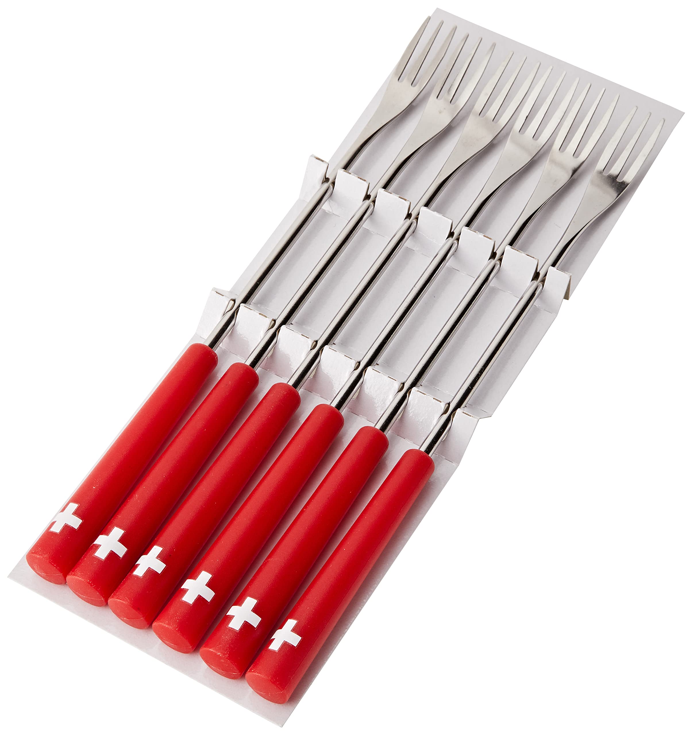 KUHN RIKON 32206 Cheese Fondue Forks Swiss Cross 6 Pieces, Stainless Steel, Silver/Red, 26.5 x 1.5 x 1.5 cm