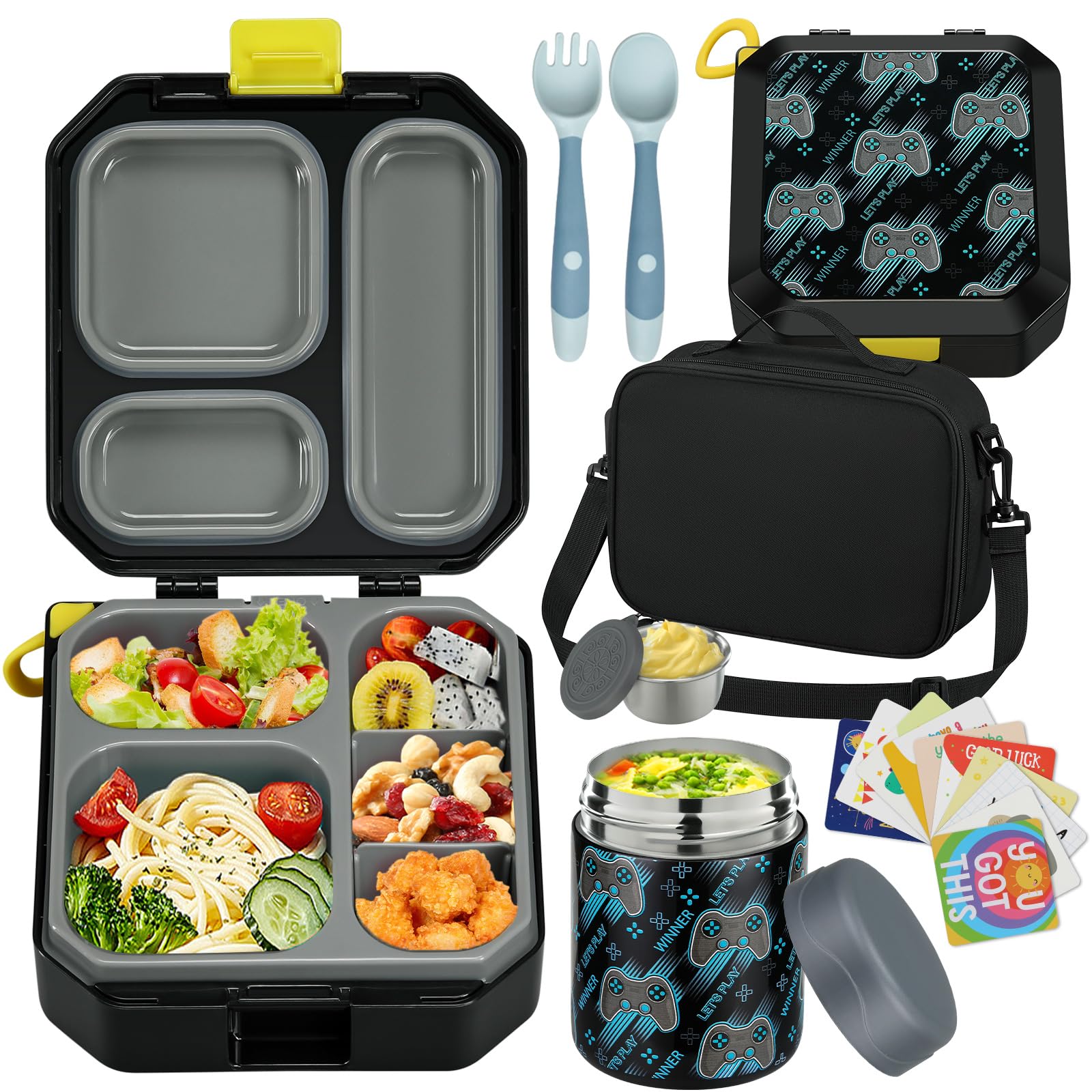 Photo 1 of wiwens Bento Lunch Box for Kids with 12oz Soup Thermo Leak-Proof Lunch Food Container with 5 Compartment Thermo Hot Food Jar and Insulated Lunch Bag for Kid Toddler Girls Boys to School