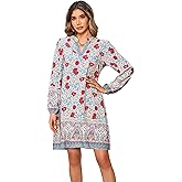 R.Vivimos Women's Long Sleeve Boho Tunic Dress V Neck Floral Print Casual Loose Patchwork Hem Mini Dress
