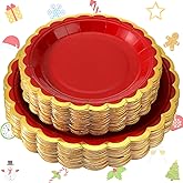 Tanlade 100 Pcs Christmas Red Scalloped Plates Disposable Paper Plates 9 Inch and 7 Inch Red Dinner Dessert Tableware with Gold Border for Christmas Baby Shower Birthday Holiday Wedding Party Supplies