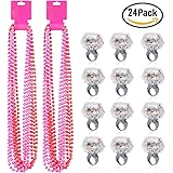 Party Beads Necklaces(12pcs) & Light Up Engagement Diamond Rings(12pcs),Konsait Bachelorette Party Light Up Rings with Bachelorette Party Beads 33inch (Pink & Red)