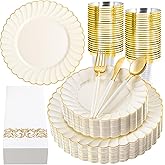 Ciaell 175 PCS Ivory Scalloped Plastic Plates - Gold Disposable Plates Fancy High-end Dinnerware Sets for Wedding & Party (25 Guests)