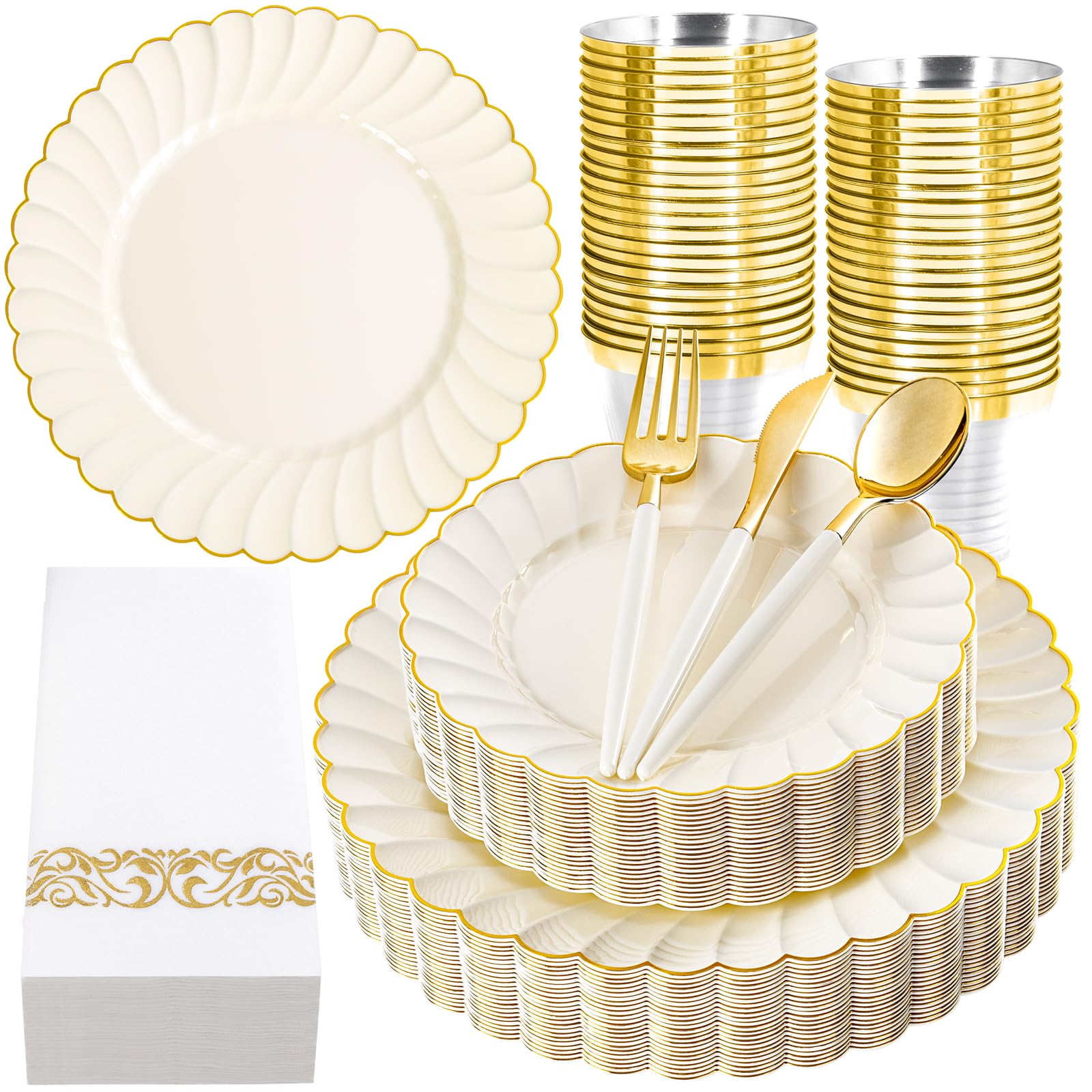 Photo 1 of Ciaell 175 PCS Ivory Scalloped Plastic Plates with Gold Trim - Gold Plastic Silverware with Handle - Fancy High-end Dinnerware Sets for Wedding & Showers & Party & Thanksgiving (25 Guests)