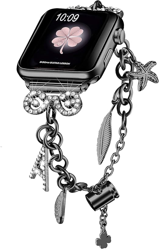 Amazon Com Secbolt Bling Bands Compatible With Apple Watch Bands 38mm 40mm Iwatch Se Series 6 5 4 3 2 1 Women S Interchangeable Charms Adjustable Bracelet In Stainless Steel Black