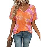 Tie Dye T-Shirts for Women 2026 Basic V Neck Tees Hippie Outfits Generation Z Y2k T Shirts Short Sleeve Tie-Dye Tops