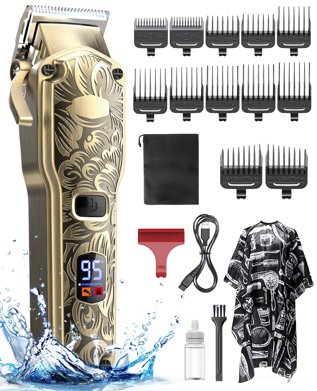 Hair Clippers for Men, Cordless Professional Hair Trimmer, IPX7 Waterproof Barber Clipper Kit with USB Rechargeable