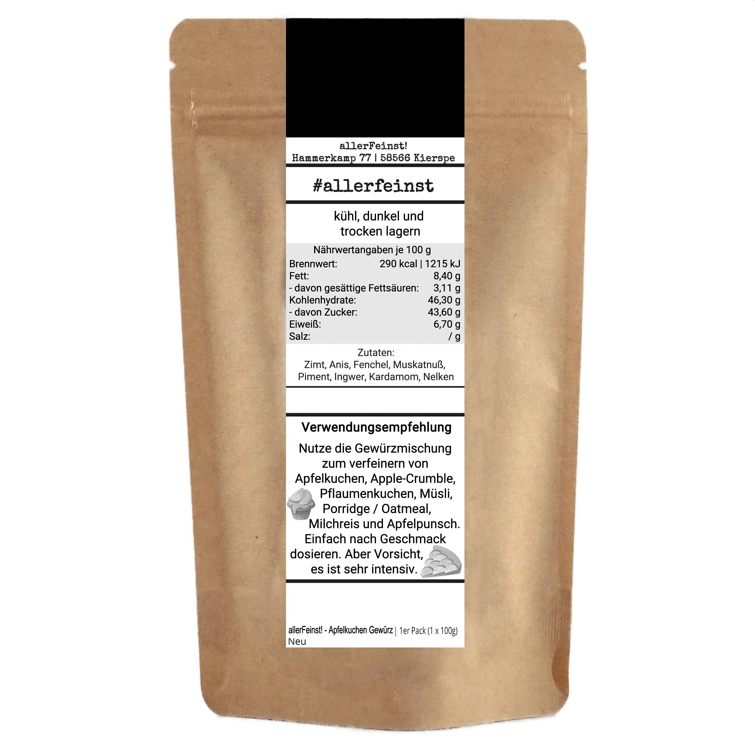 allerFeinst! - Apfelkuchen Gewürz ohne Zucker für Apfel, Kuchen, Gewürzkuchen, Oatmeal, Porridge und mehr, 1er Pack (100g) 2