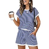 WIHOLL Two Piece Sets for Women Summer Lounge Short Sets Cap Sleeve Crew Neck Sweatsuit with Pocket XS-2XL
