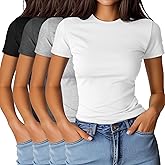 Ficerd 4 Pack Women's Basic Short Sleeve Shirts Slim Fitted Crew Neck Tees Casual Cotton Blend Summer Tops