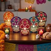RattanView 5 Pcs Day of The Dead Table Decor Lighted Sugar Skull Decor | Day of The Dead Centerpiece, Dia De Los Muertos Altar Decoration, Wooden Skull Block with LED Light for Halloween Party Home