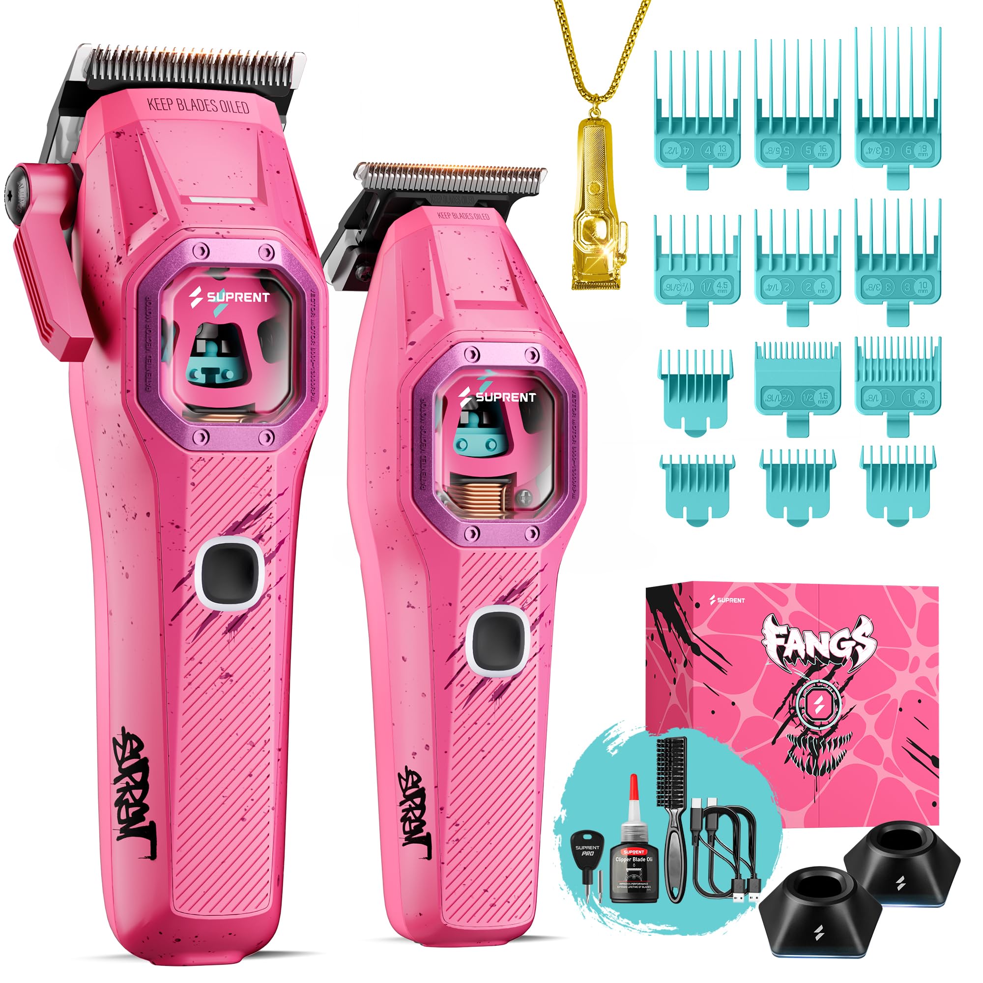 Photo 1 of SUPRENT Fangs Professional Barber Clippers - High-Performance 13,000 RPM Vector Motor Hair Clipper Barber Trimmer Set, Professional Haircutting Kit with AI Speed Control, Patented U-Teeth Blade (PINK)