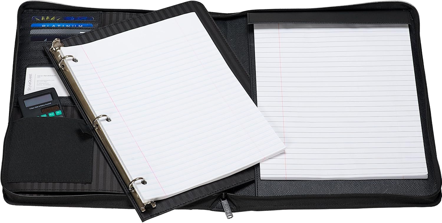 Case-it Executive Zippered Padfolio with Removable 3-Ring Binder and Letter Size Writing Pad, Black, PAD-40 : Portfolio Binder : Office Products