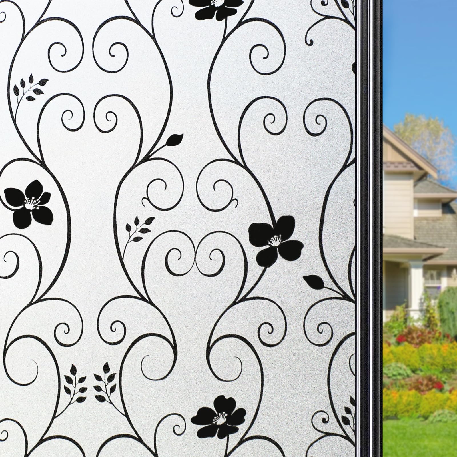 Qualsen Window Film Privacy Frosted Window Films Flower Pattern Decorative Privacy Film for Glass Windows Non Adhesive Anti UV Static Cling, for Home Kitchen Bedroom (44.3 x 200 cm, Black)