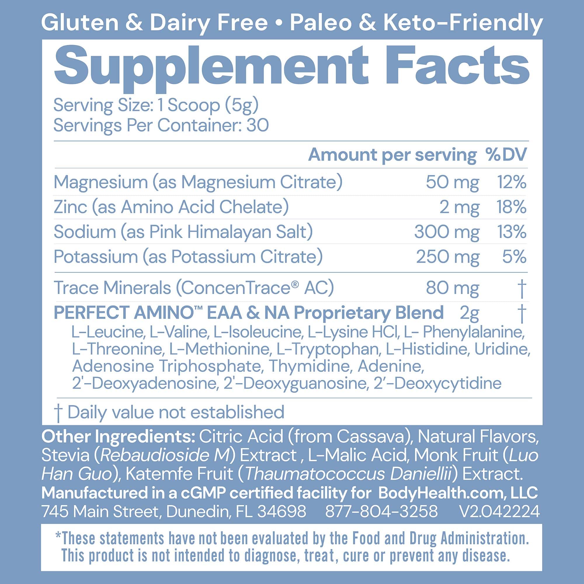 BodyHealth PerfectAmino Electrolytes Powder No Sugar, Keto Sugar Free Fasting Electrolytes Drink Mix, Hydration Powder with Trace Minerals - Mixed Berry - 30 Servings