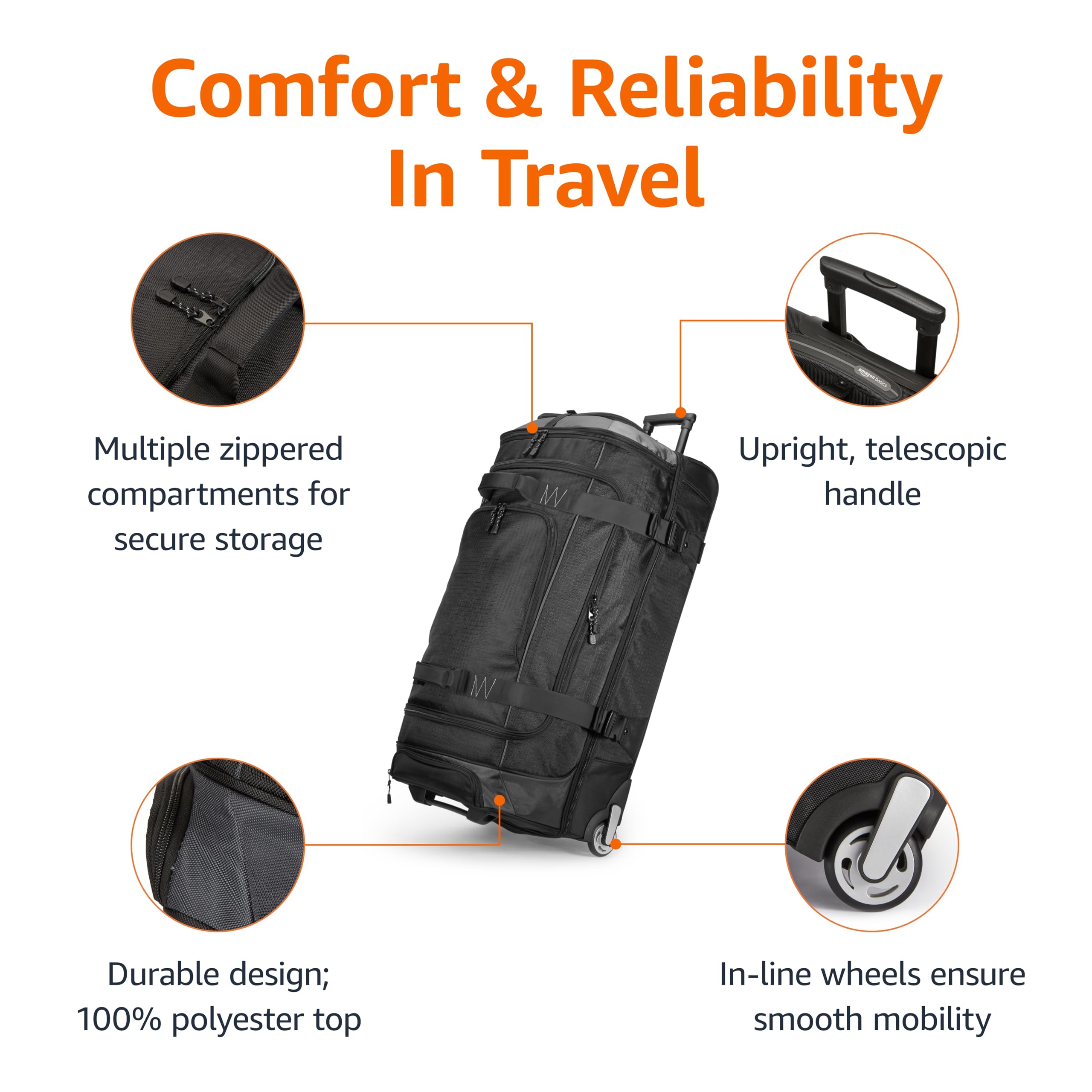 Amazon Basics 35-inch Large Rolling Duffle Bag with Wheels and Handle, Travel Duffle Bag with Durable Ripstop Polyester Material, 2 Layers of Space, Multiple Interior and Exterior Pockets, Black