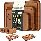 3 Packs Bamboo Cutting Board Set with Holder Nice Solid Thick Wood Deep Juice Groove & Built-in Handles Chopping Board Large Big Small Best Hardwood Kitchen Counter Organic Vegetable Meat BBQ Kit