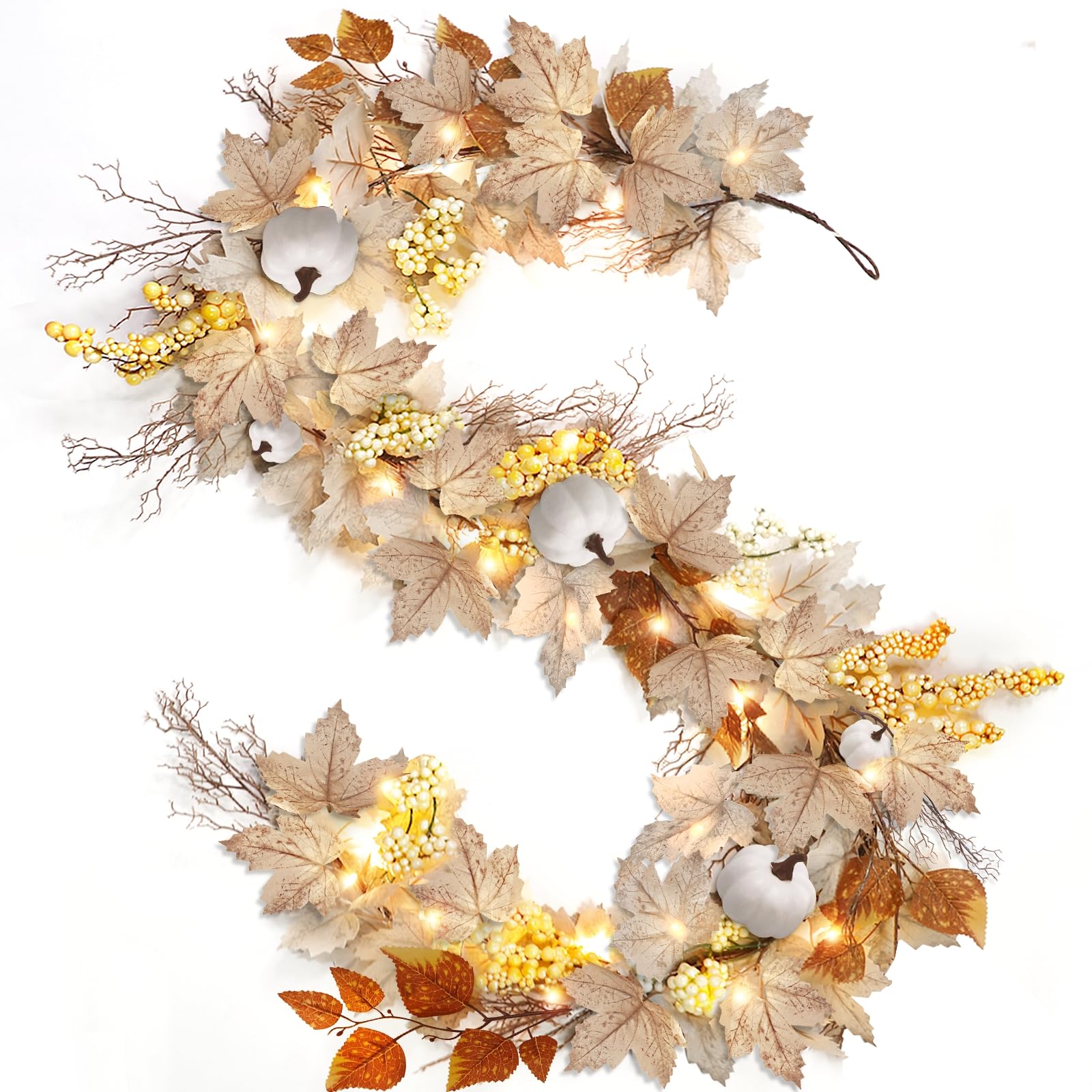 Photo 1 of ***LIGHTS UNTESTED*** Timer - Thanksgiving Decorations Fall Garland, 6FT Maples Leaf Garlands with Lights Battery Operated Thanksgiving Garland with Pumpkins Berries for Home Indoor Outdoor Table Fireplace Wedding
