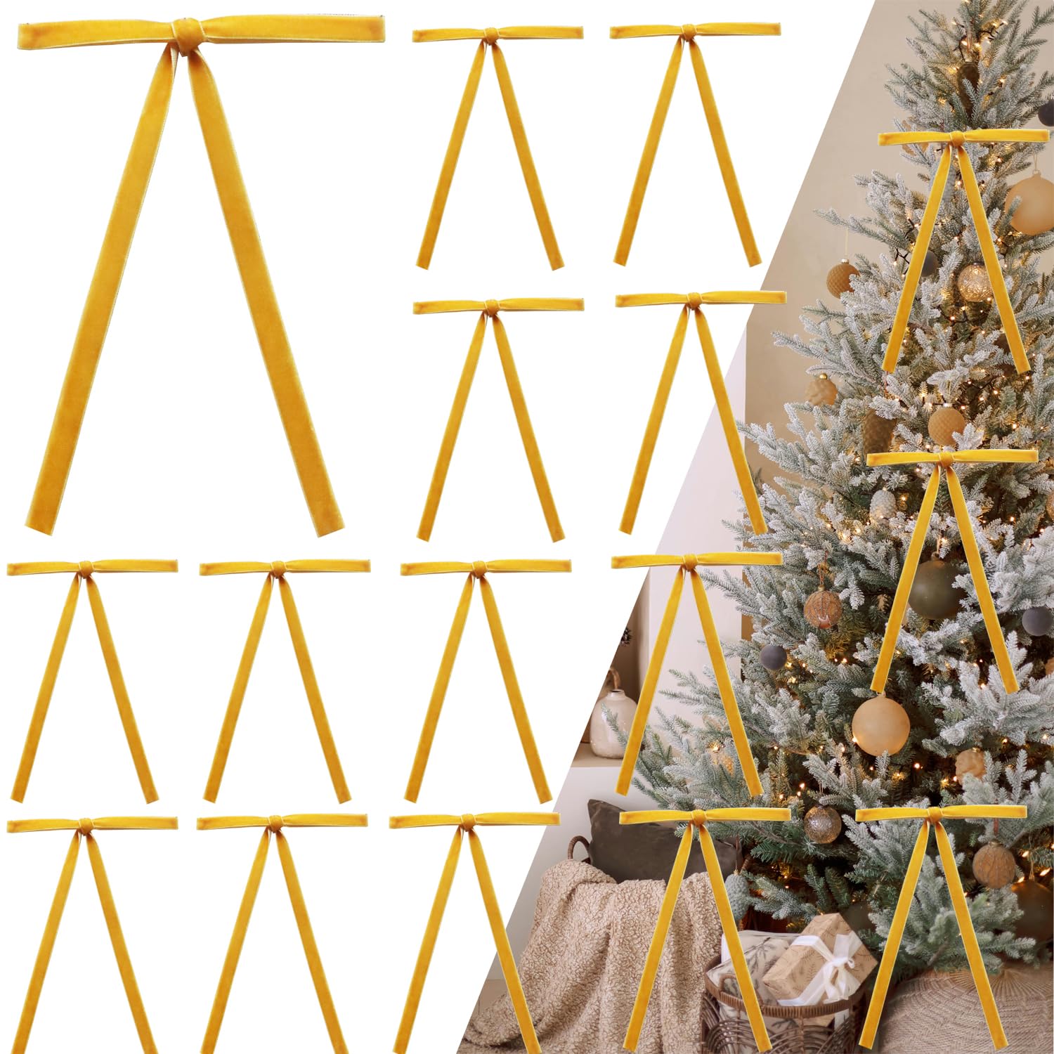 Photo 1 of 50pcs Yellow Gold Velvet Bows for Christmas Tree - 5x7 Inch Pre-Tied Holiday Bows for Tree,Wreath,Gift Wrapping & Decor (3/8" Width)