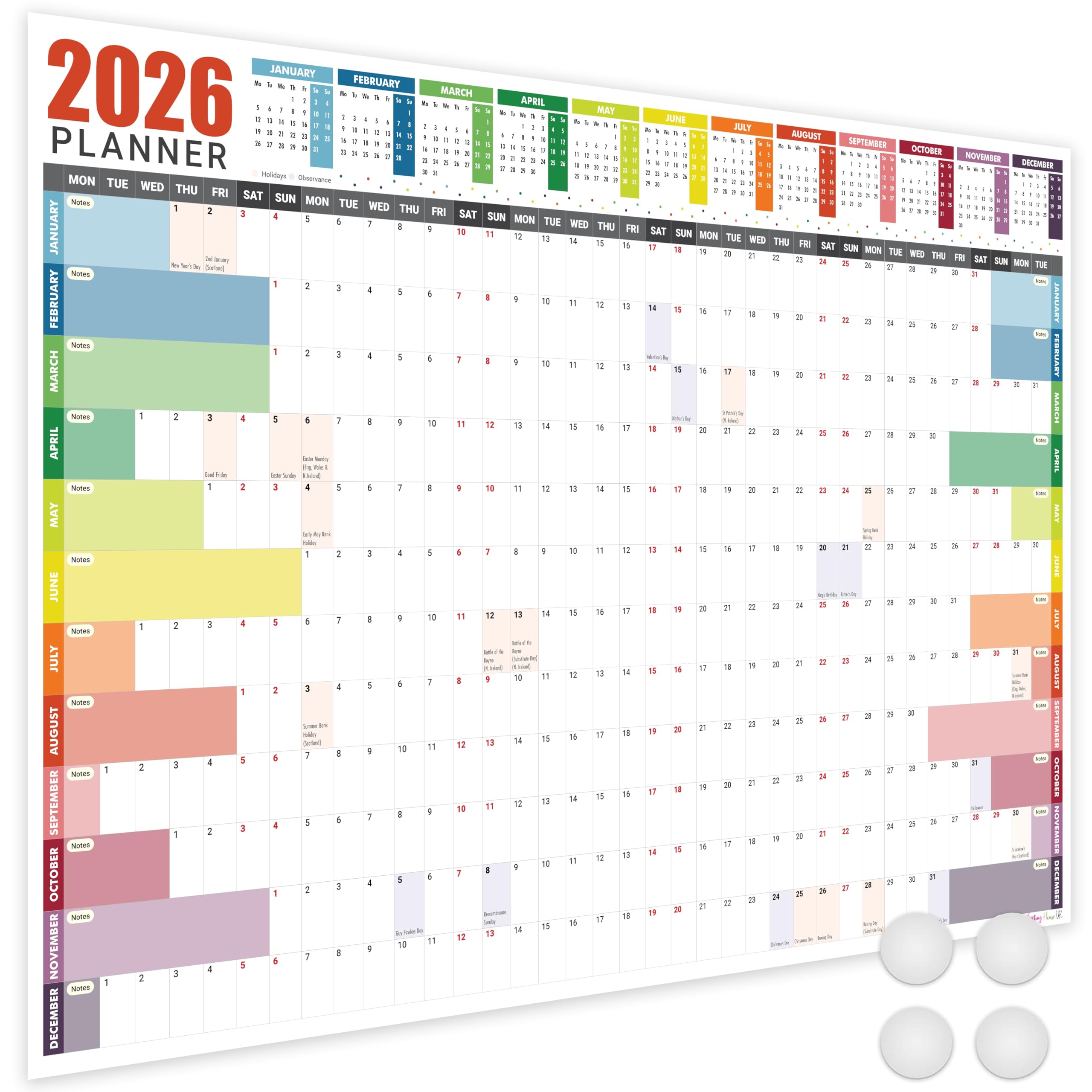 Giftinghouse 2026 Wall Planner A1/A2/A3 Laminated - Full Year Wall Planner 2026 UK - Wall Calendar 2026 with mount stickers for academic, office, home and school by (59.4 x 84.1 cm) - A1 size.