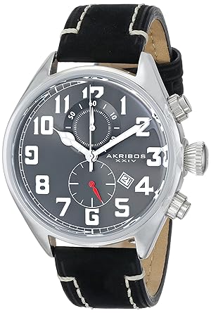 Akribos XXIV Mens AK706SSB Essential Chronograph Grey Dial Stainless Steel Black Leather Strap Watch