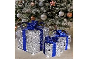 MEETJOYANCY Lighted Gift Boxes Set of 3, Silver Boxes with Bow, Prelit 60 White Lights Present Box Lighted Display with Plug for Home Porch Outdoor Yard Christmas Decorations-Blue