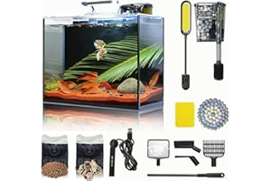 WONDERFACTORY 2.6 Gallon Small Aquarium Set Glass Fish Tank, Starter Kit with Heater Water Pump Cleaning System Filter Bright Light Rocks Gravel Cleaning Tool, Leak-Proof Clear Rimless Desktop Spaces Saving Betta