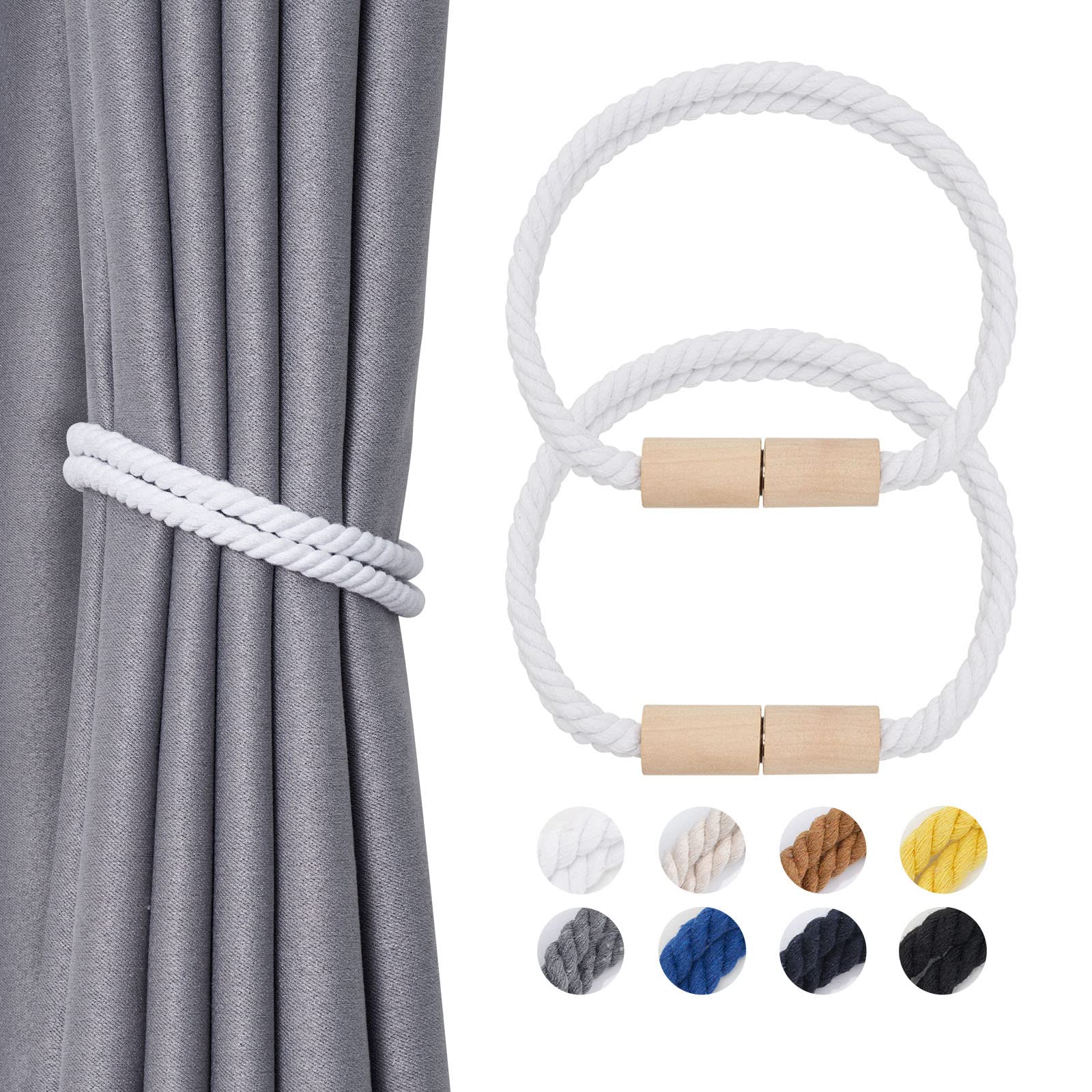 Pretty Jolly 2 Pack Wooden Magnetic Curtain Tiebacks Boho Decoration Drape Tie Backs Natural Cotton Handmade Double Rope Curtain Holdbacks for Thin & Thick Home & Office Window Drapery (New White)