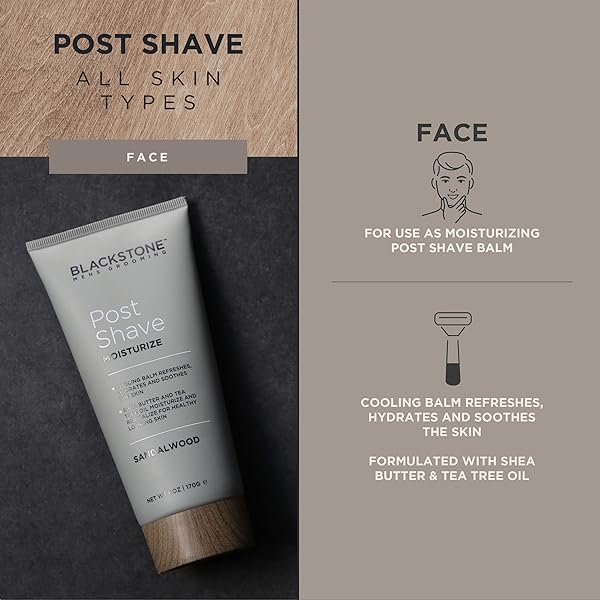 BLACKSTONE MEN’S GROOMING POST SHAVE MOISTURIZER WITH TEA TREE OIL, SHEA BUTTER, VITAMIN E, & ALOE | SOOTHING COOLING BALM | & PARABEN FREE | SANDALWOOD (6 OZ)