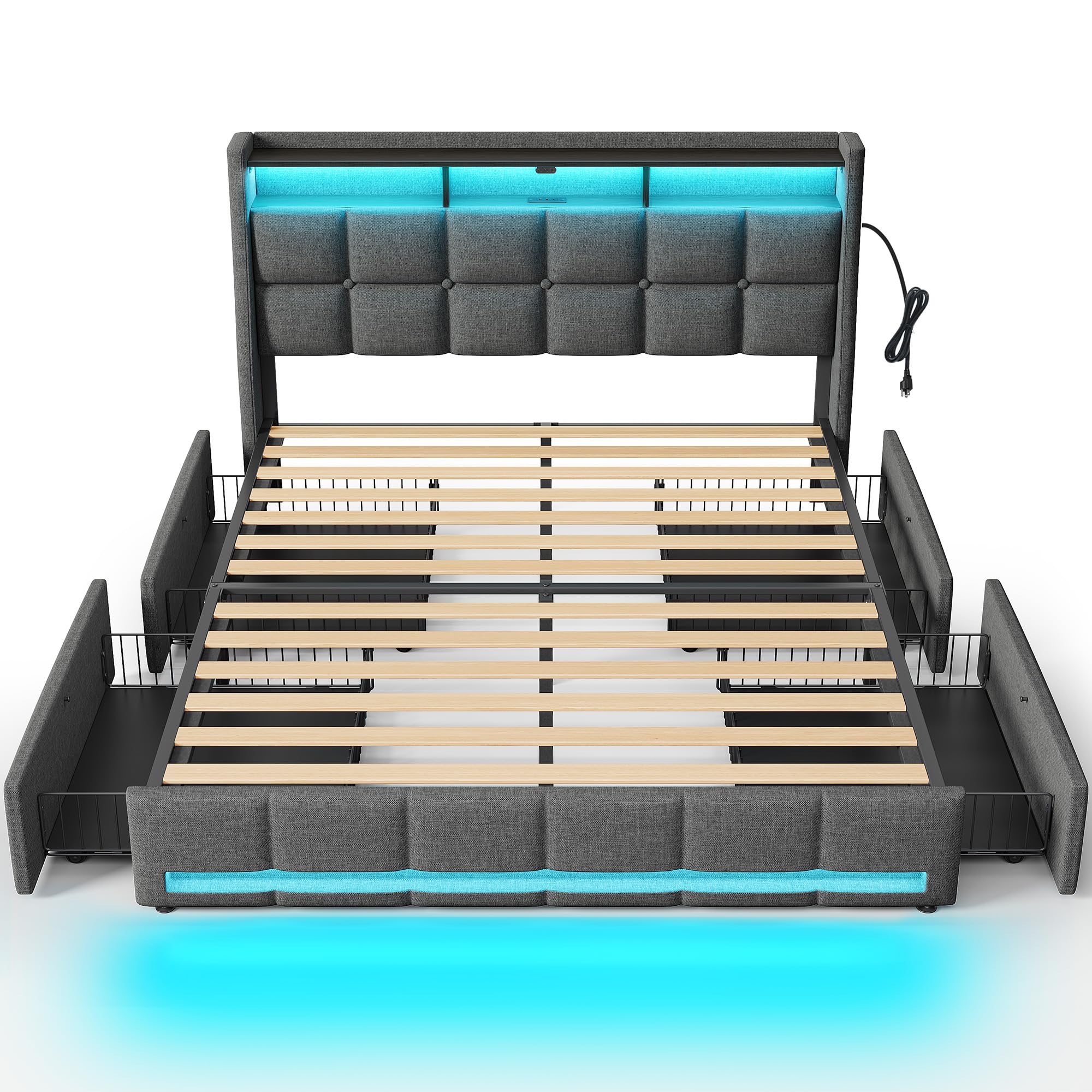 Rolanstar Queen Size Bed Frame with RGB LED Lights & Charging Station, Upholstered Storage Headboard with 4 Drawers, Heavy Duty Metal Frame, No Box Spring Needed, Easy Assembly Image