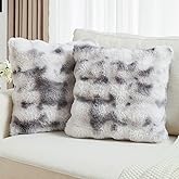 FUTEI Grey White Decorative Throw Pillow Covers 18x18 Inch Set of 2,Soft Fuzzy Faux Rabbit Fur Cushion Covers with Raised Texture,Neutral Boho Home Decor for Couch Bed Living Room