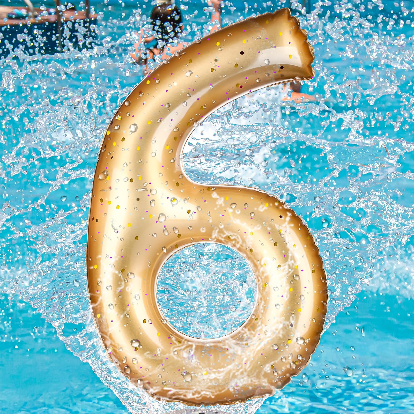 Photo 1 of Foilswirl Number 0-9 Pool Float 20'' Gold Pool Birthday Party Decoration Large Inflatable Swimming Balloon for Summer Graduation Party Supplies Indoor Outdoor Backdrop Decor (Number 6)