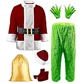 Make you perfect Christmas Green Costume Adult -8-Piece Set, Funny Santa Costume For Men,Deluxe Plush Santa Outfit