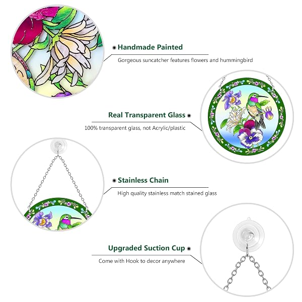 ANFURI HUMMINGBIRD STAINED GLASS SUNCATCHER ROUND, WINDOW HANGING WITH CHAIN & HOOK, GIFT-BOXED FLORAL BIRD WINDOW DECOR, GIFT FOR MOM & GRANDMA (8.6IN)