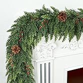 Realistic Christmas Garland for Mantle 6FT Real Touch Thick/Lush Artificial Cedar Garlands with Pine Cones/Red Berries Christmas Decorations Indoor Garland for Stairs Railing Outdoor Holiday Decor