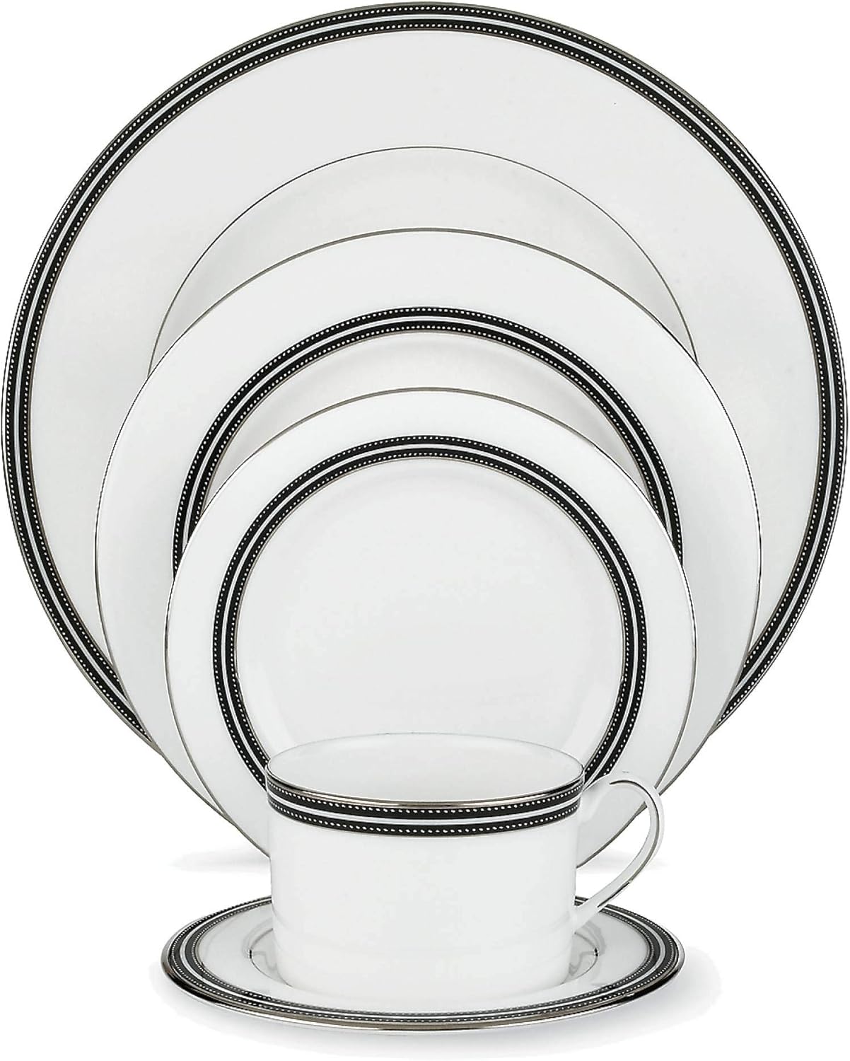 Kate Spade New York Union Street Dinnerware 5-Piece Place Setting, White Bone China with Black and Platinum Details