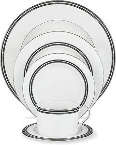 Kate Spade New York Union Street Dinnerware 5-Piece Place Setting, White Bone China with Black and Platinum Details