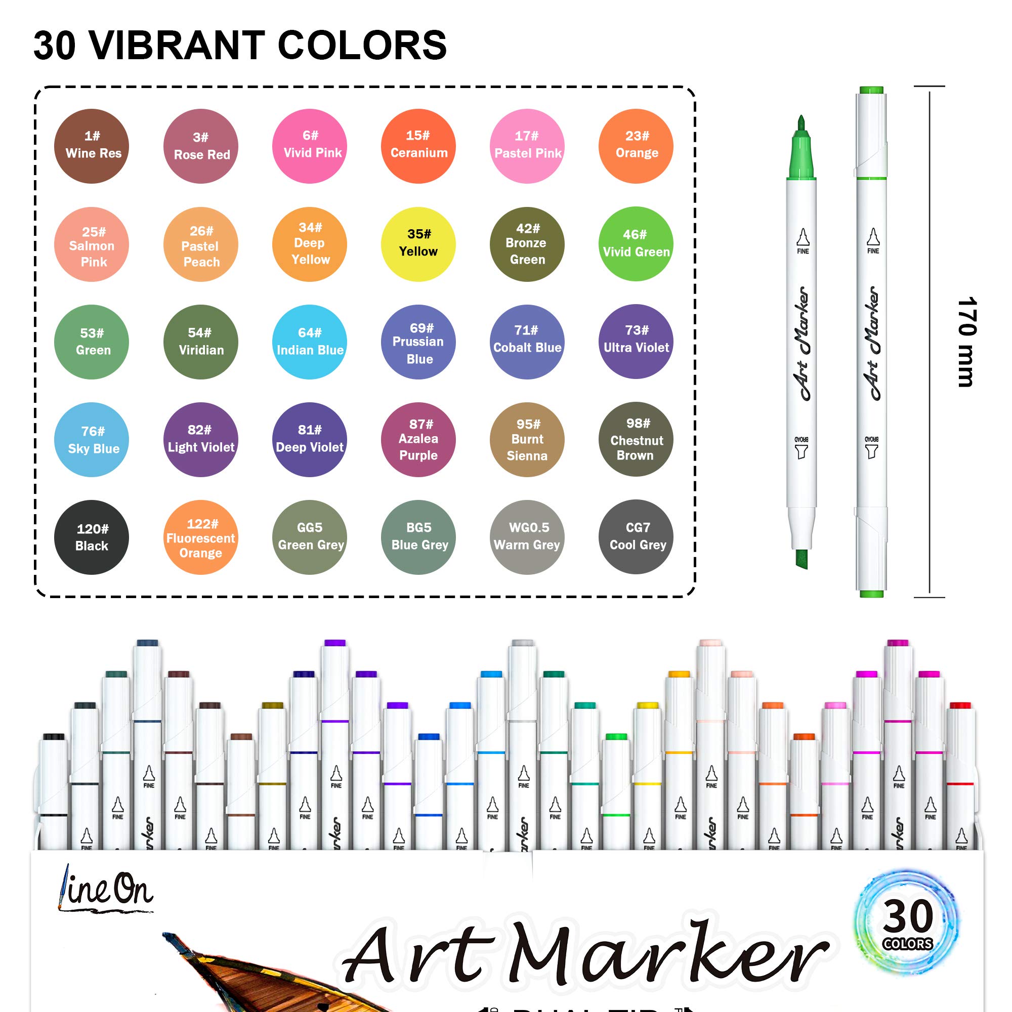 Dual Tip Alcohol Based Art Markers, Lineon 30 Colors Alcohol Marker Pens Perfect for Kids Adult Coloring Books Sketching and Card Making