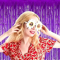 4 Pack Purple Foil Fringe Curtain Backdrop, 3.3Ft x